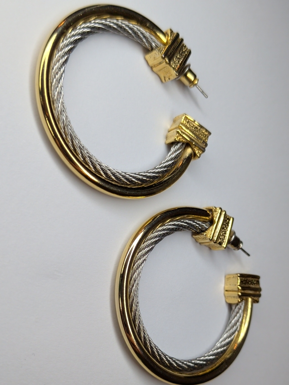 Women's Hoop Earrings Twisted Rope & Cable Silver Gold Tone Two Tone 1.75" - Picture 4 of 9